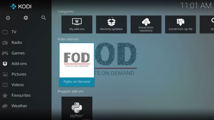 Return to the home screen of Kodi and hover over Add-ons. Then you can select Fights on Demand from the main menu.