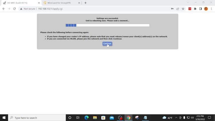 Click Continue to enter Wireguard on Router dashboard