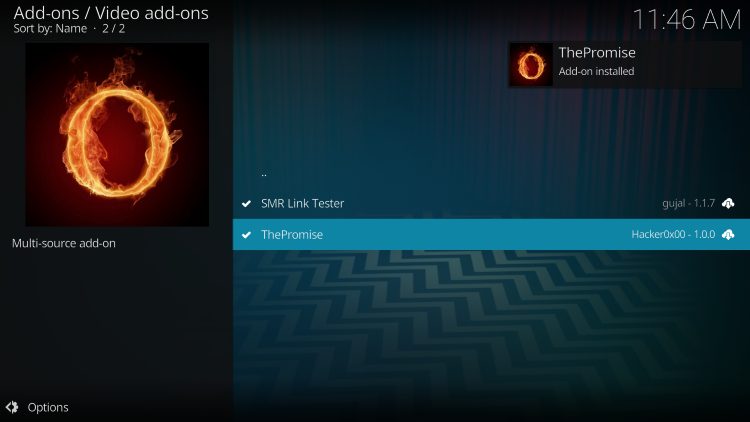 Wait for the "The Promise Add-on Installed" message to appear