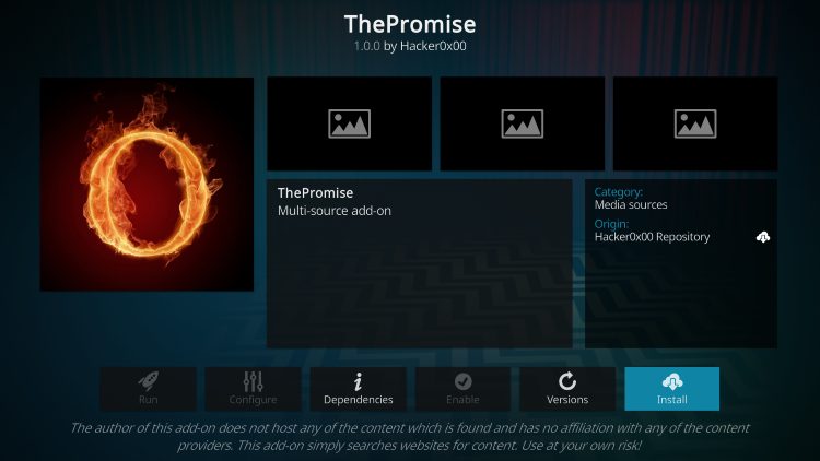 Click Install the promise kodi addon