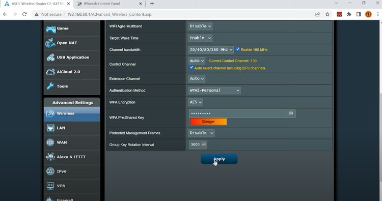 You will want to set a login password for WPA Pre-Shared Key. Then click Apply.