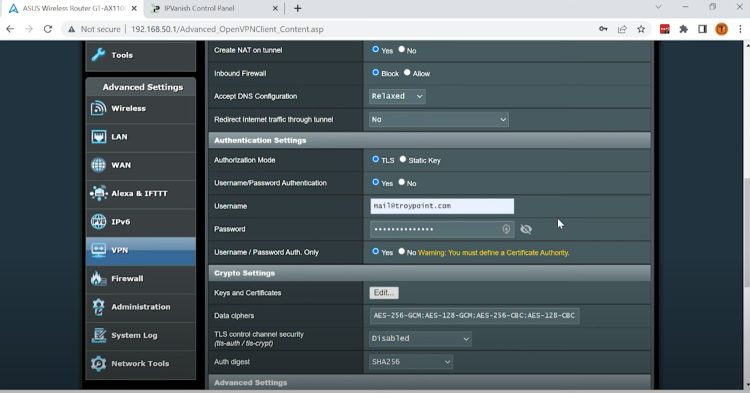 Now type in your username and password for IPVanish VPN under Authentication Settings.