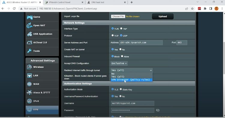 For the Redirect Internet traffic through tunnel, change that option to VPN Director (policy rules).