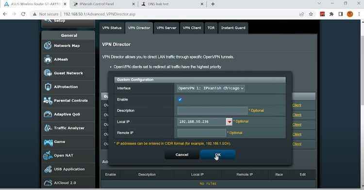 Choose the IPVanish Chicago for the interface, click your protected device for Local IP and click OK.