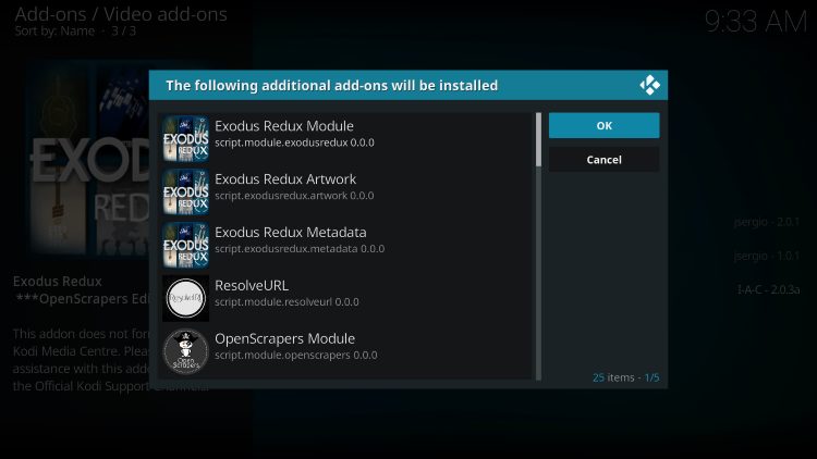 Click OK to install additional add-ons with Exodus Redux