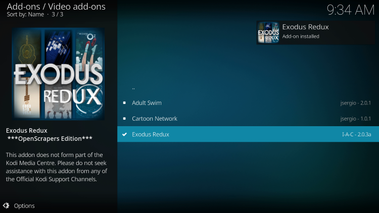 Wait for Exodus Redux Add-on installed success message
