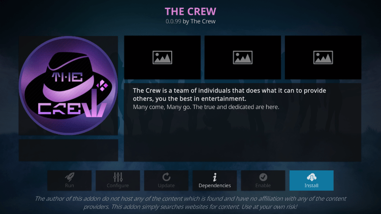 Click Install the crew kodi addon
