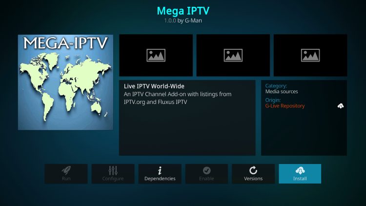 Click Install mega iptv kodi addon