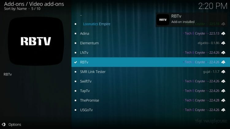 Wait for the "RBTV Add-on Installed" message to appear