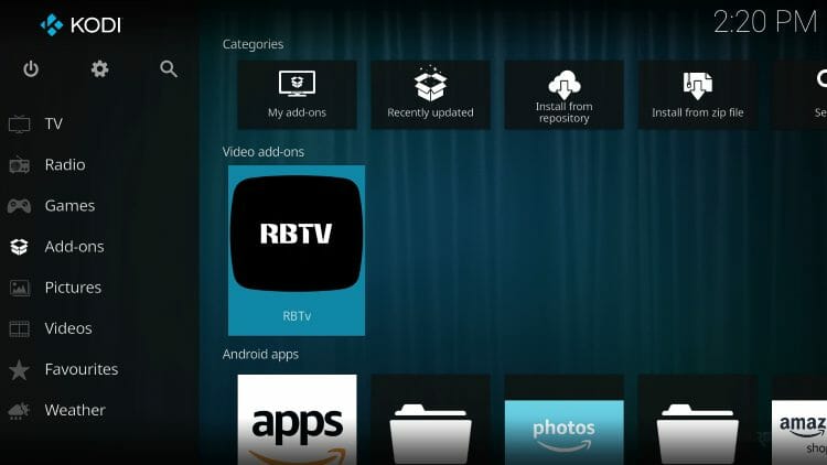 Return to the home screen of Kodi and hover over Add-ons. Then you can select RBTV from the main menu.