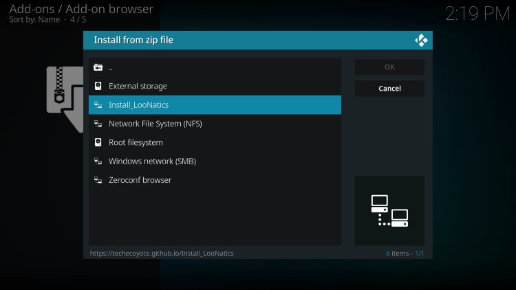 Choose Install_LooNatics or another name you assigned the media source in the previous step