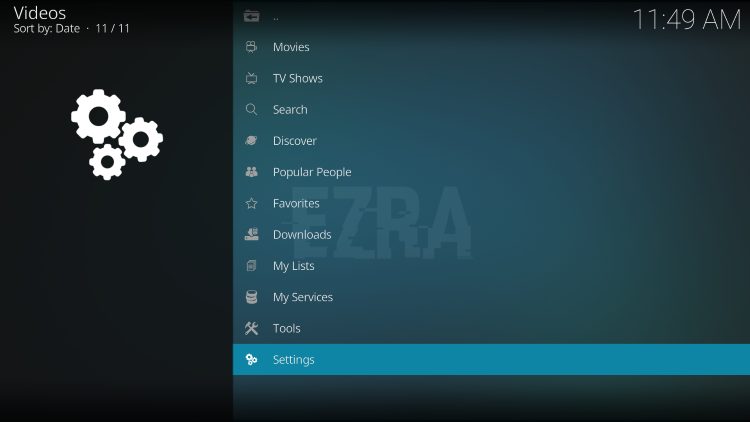 select settings within ezra kodi addon