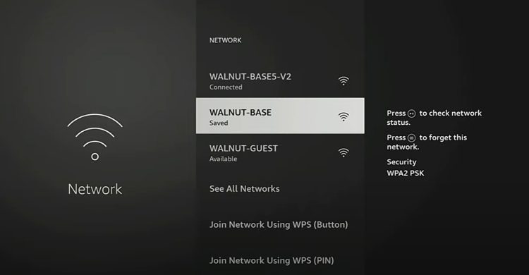 While I'm connected to the Walnut-Base5-V2, the Walnut-Base connection is my 2.4GHz band. I'm going to click that to fix firestick wifi issues