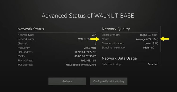 Noise is the amount of background noise on the same WiFi radio frequency as your Firestick or Fire TV Cube