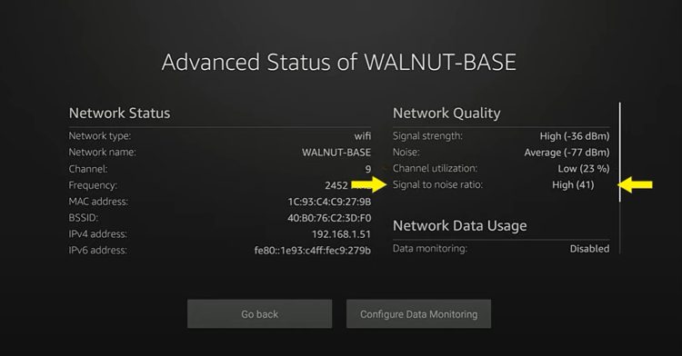 Signal to noise ratio is the difference between your signal strength and noise level