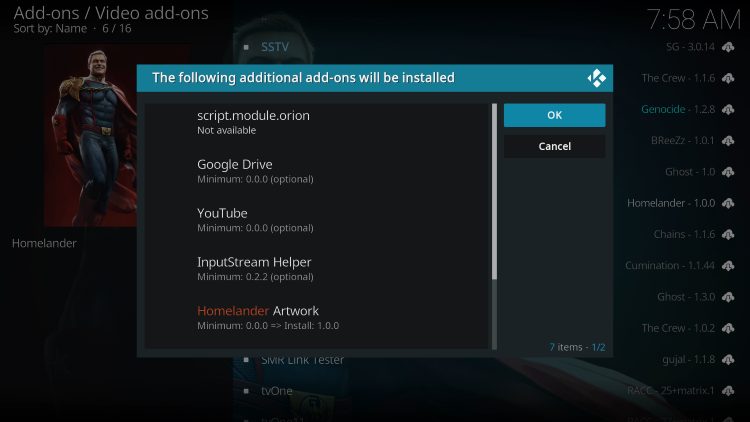 Kodi will then prompt the message below stating “The following additional add-ons will be installed”, Click OK