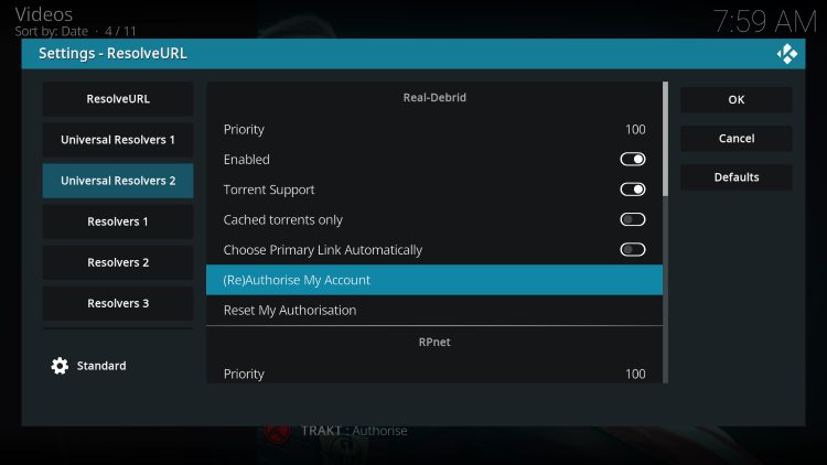 Within the Universal Resolvers 2 menu on the left, scroll down and select (Re)Authorize My Account under Real-Debrid.