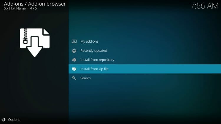 Click Install from zip file for homelander kodi addon