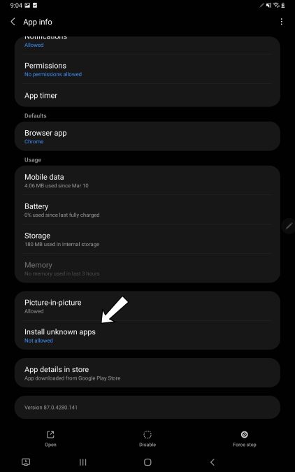 Hover down and select Install unknown apps.
