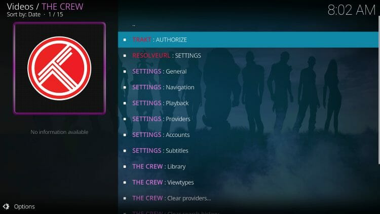 Click Trakt Authorize within the crew kodi addon