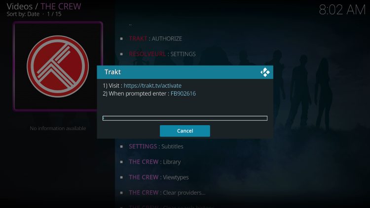 Write down or remember provided code for the crew kodi addon