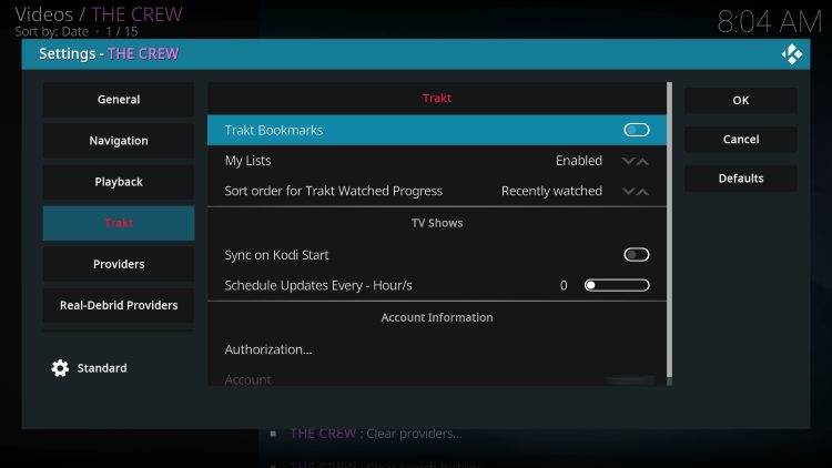 Return back to The Crew Kodi add-on and you will find that your Trakt account has been successfully integrated.