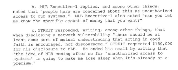 The court documentation revealed the following conversation between Streit and an MLB executive: