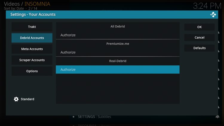 Within the Debrid Accounts menu on the left, scroll down and select Authorize under Real-Debrid.