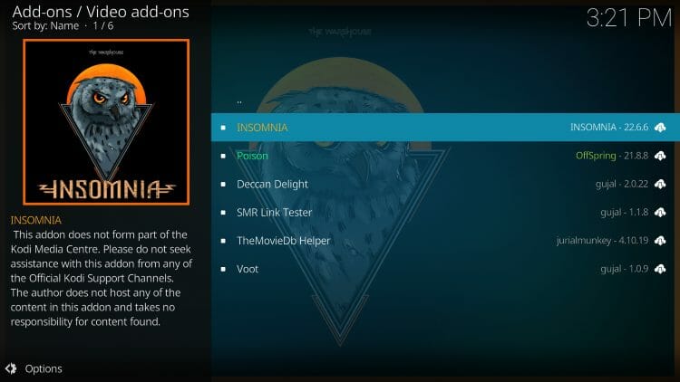 Select INSOMNIA kodi addon