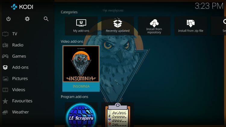 Return back to the home screen of Kodi and hover over Add-ons. Then click Insomnia.