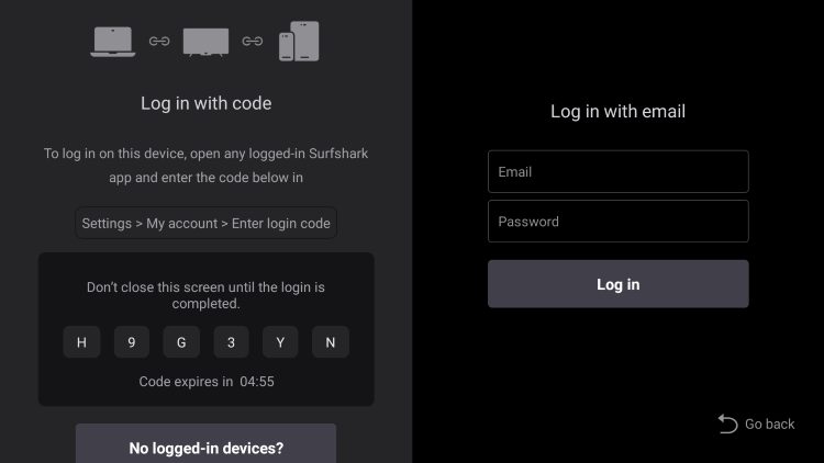 Log in with your Android TV device by using a code or Log in with email. We are logging in by email.