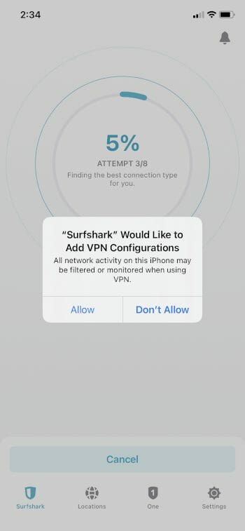 click allow for surfshark on iphone