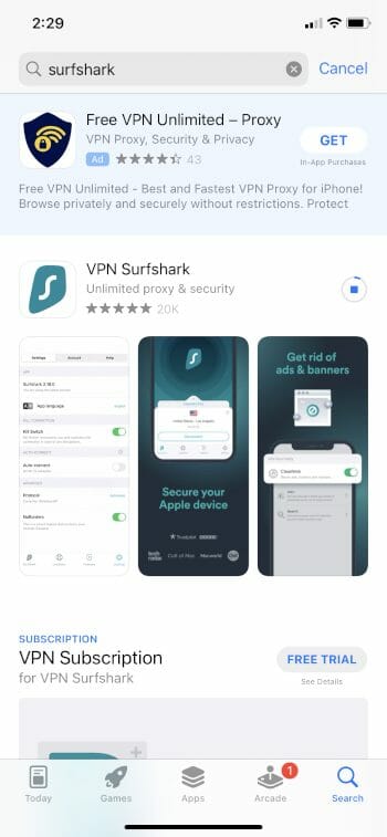 wait for surfshark on iphone to install