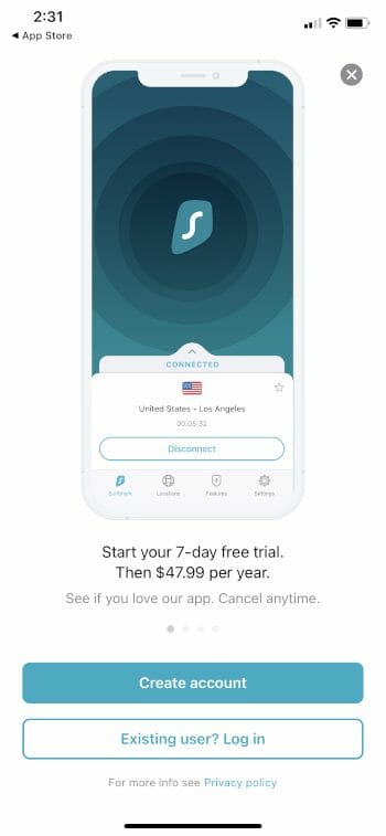 choose log in for surfshark on iphone