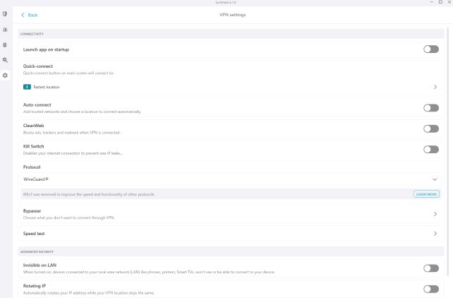 Then click VPN Settings and you will notice the various features we can customize within Surfshark for Mac. We explain more in detail below.