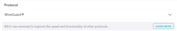VPN Protocol is the connection protocol used by the application.