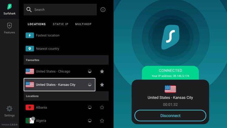 Lastly, to change VPN servers, return back to the home screen of the Surfshark VPN app and click Locations on the main menu.