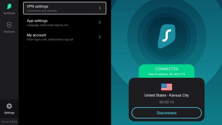Now to access the settings with Surfshark, click the Settings icon on the bottom left menu. Then choose VPN Settings.