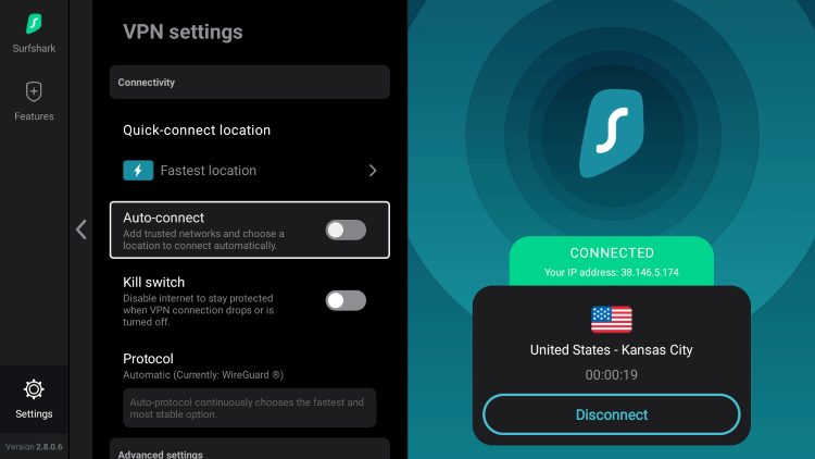 When Auto-connect is enabled this will automatically connect to Surfshark when the Chromecast with Google TV is turned on.