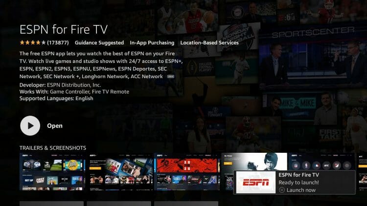 You will then encounter ESPN for Fire TV Ready to launch message.