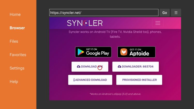 click download apk for syncler