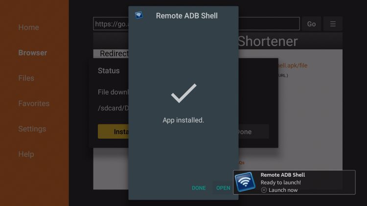 remote adb shell app ready to launch message