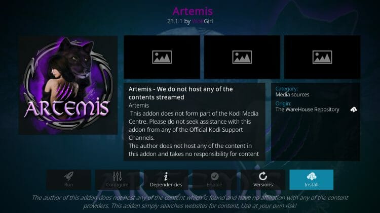 click install for artemis kodi addon