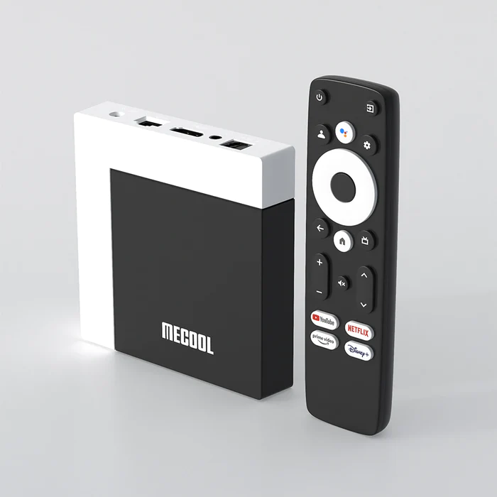 MECOOL KM7 Plus standing with Google Remote