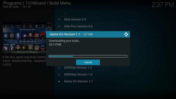 wait for the game on kodi build to install