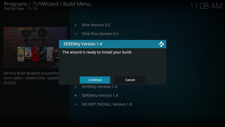 click continue for serenity kodi build