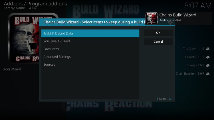 chains wizard addon installed for franks kodi build