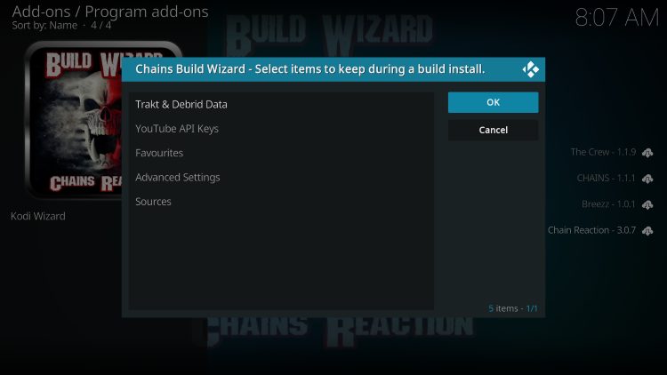 click ok for franks kodi build