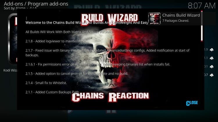 click close for franks kodi build