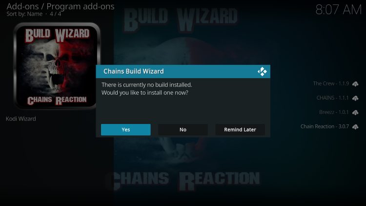 click yes for franks kodi build